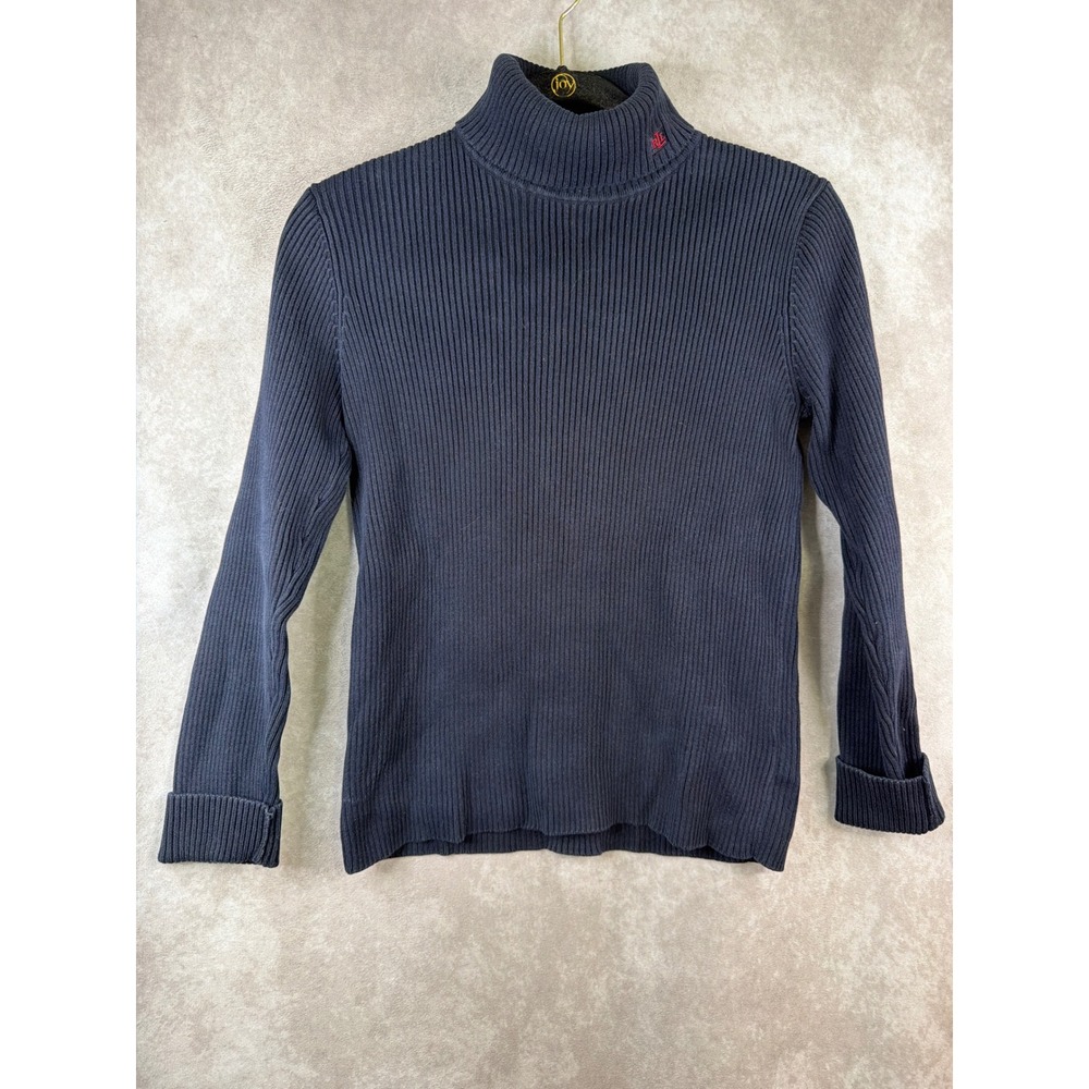 VTG Lauren Ralph Lauren Sweater Womens M Navy Blue Ribbed Cotton Turtleneck Logo